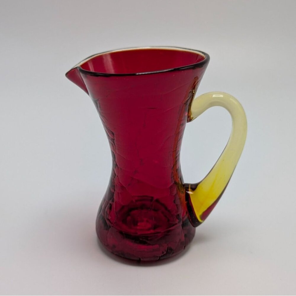 Vintage Blanko Ruby Red Crackle Glass Creamer Amber Yellow Handle